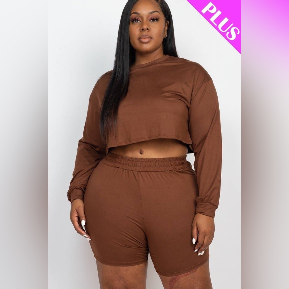 Brown Plus Size Cozy Crop Top And Shorts Set